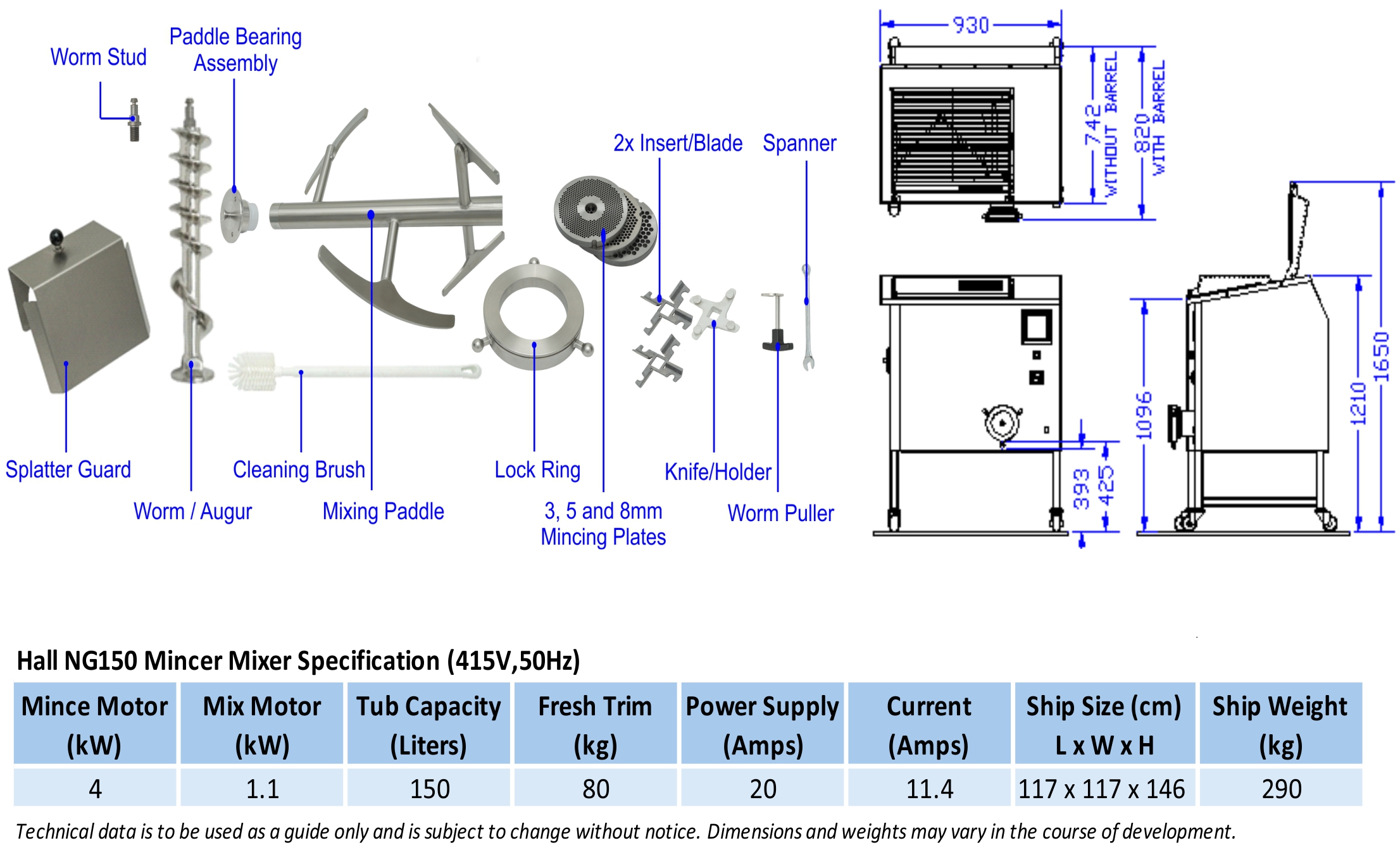 NG150 Standard inclusioins, Dimensions and Specifications